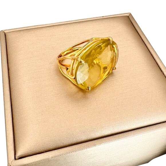 Bounkit Large Cocktail Ring Sz. 8 Oval Lemon Quartz Statement Art Deco Gemstone - Picture 5 of 14